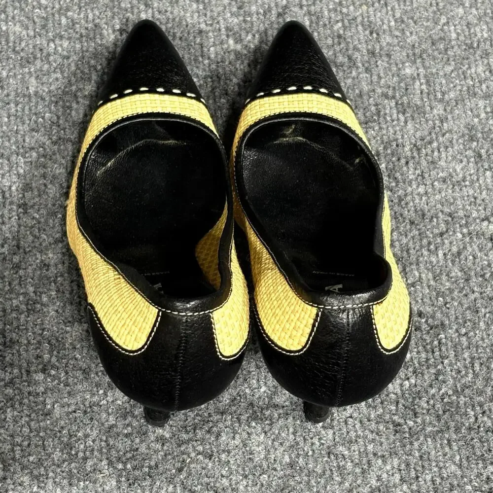Prada Shoes Womens 5.5 EU 35.5 Beige Black Leather Woven Cap Toe Pumps Heels